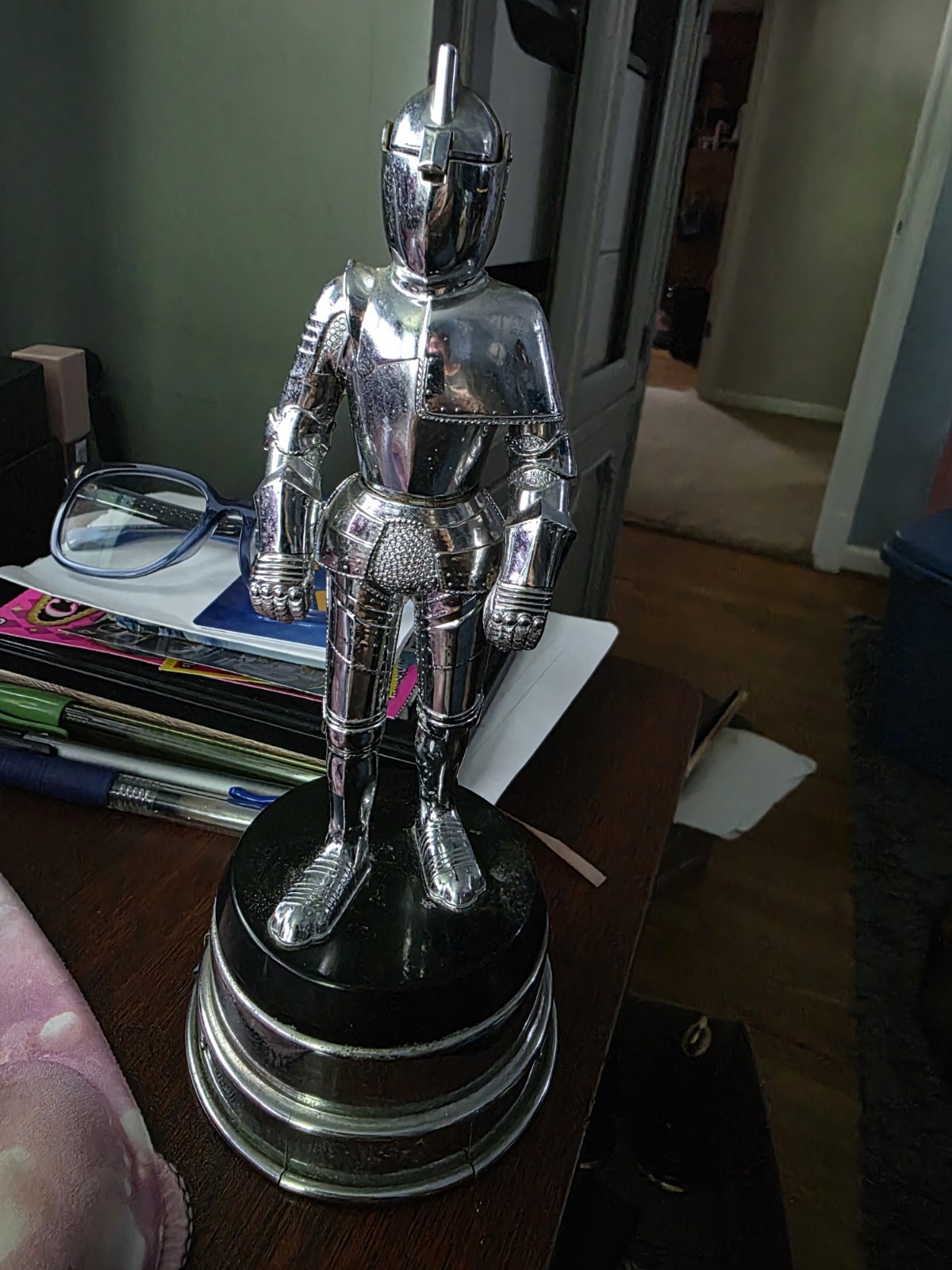 antique vintage metal chrome medieval knight figural table lighter music box