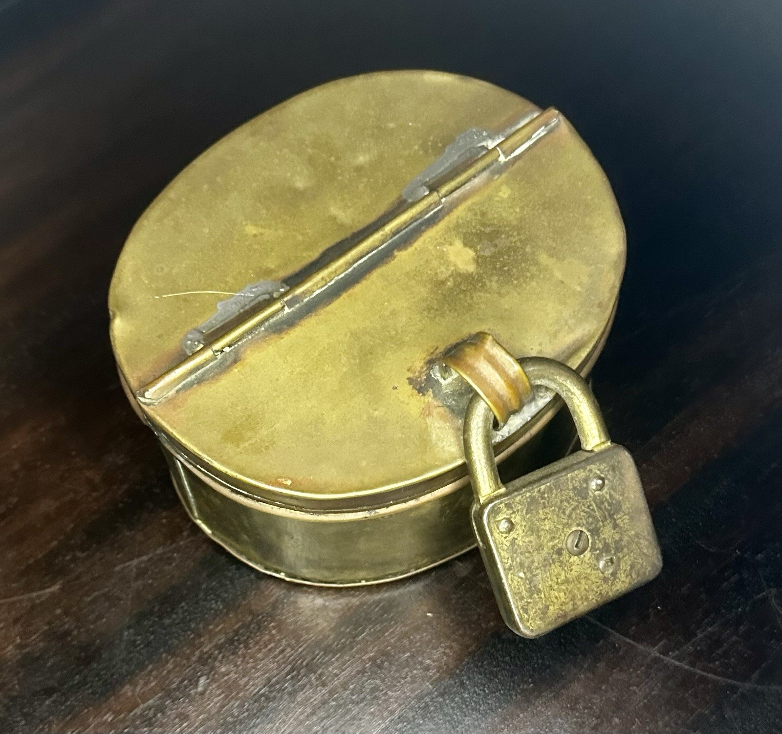Vintage Brass Oval Snuff Tobacco Box Hinged Lid Solid Brass Lock