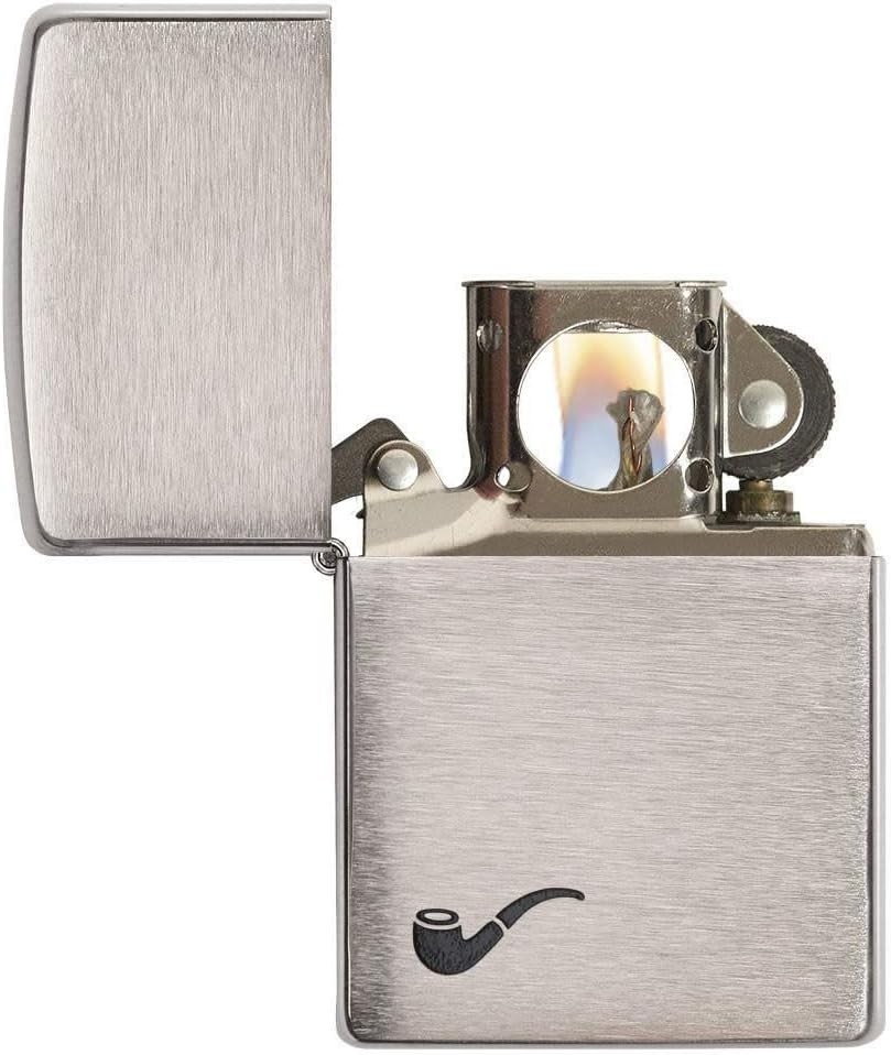 Unisex Adult Pipe Lighter Brushed Chrome Black Refillable Windproof Design