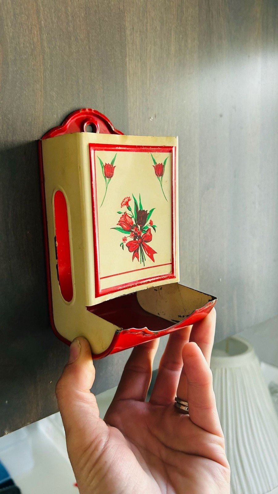 Vintage Red and Cream Metal Toleware Wall-Mounted Match Holder with Floral Desig