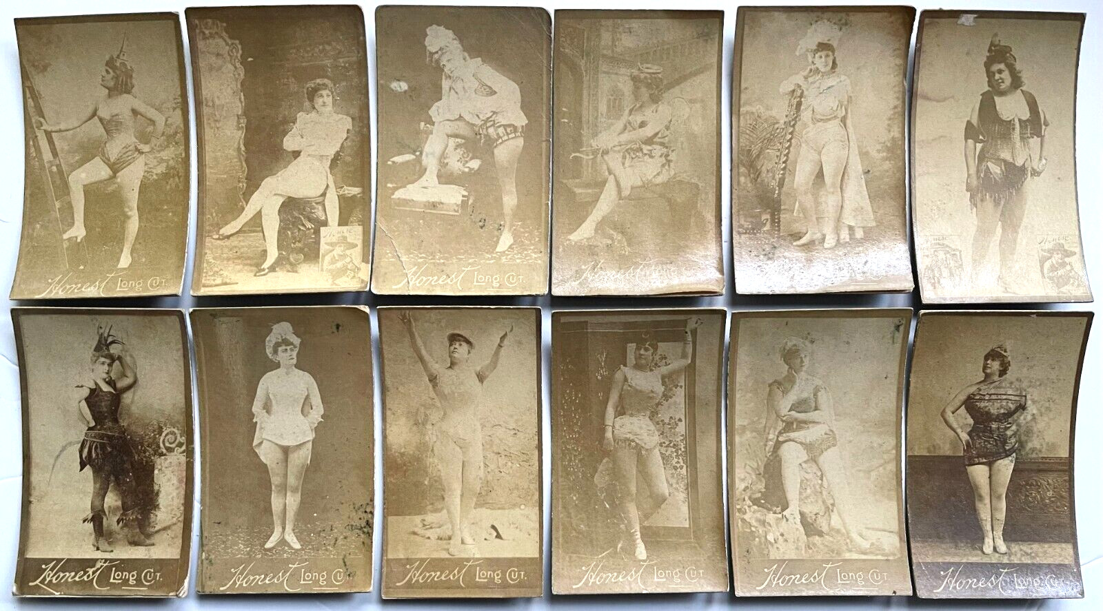 12 RARE ANTIQUE RISQUE PHOTOGRAPHIC HONEST LONG CUT TOBACCO CARDS W. DUKE & SONS