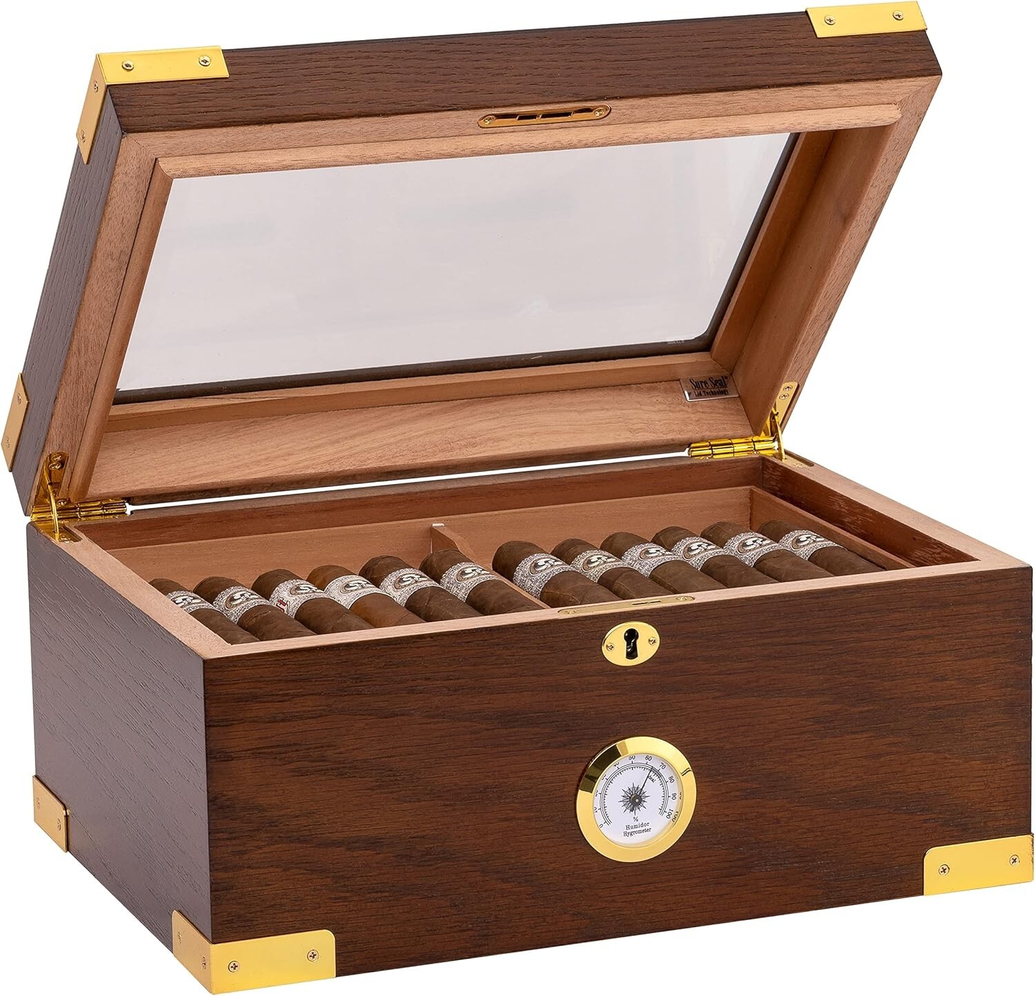 Elegant 100 Cigar Humidor Tempered Glasstop Cedar Spanish Divider, Brass Ring G