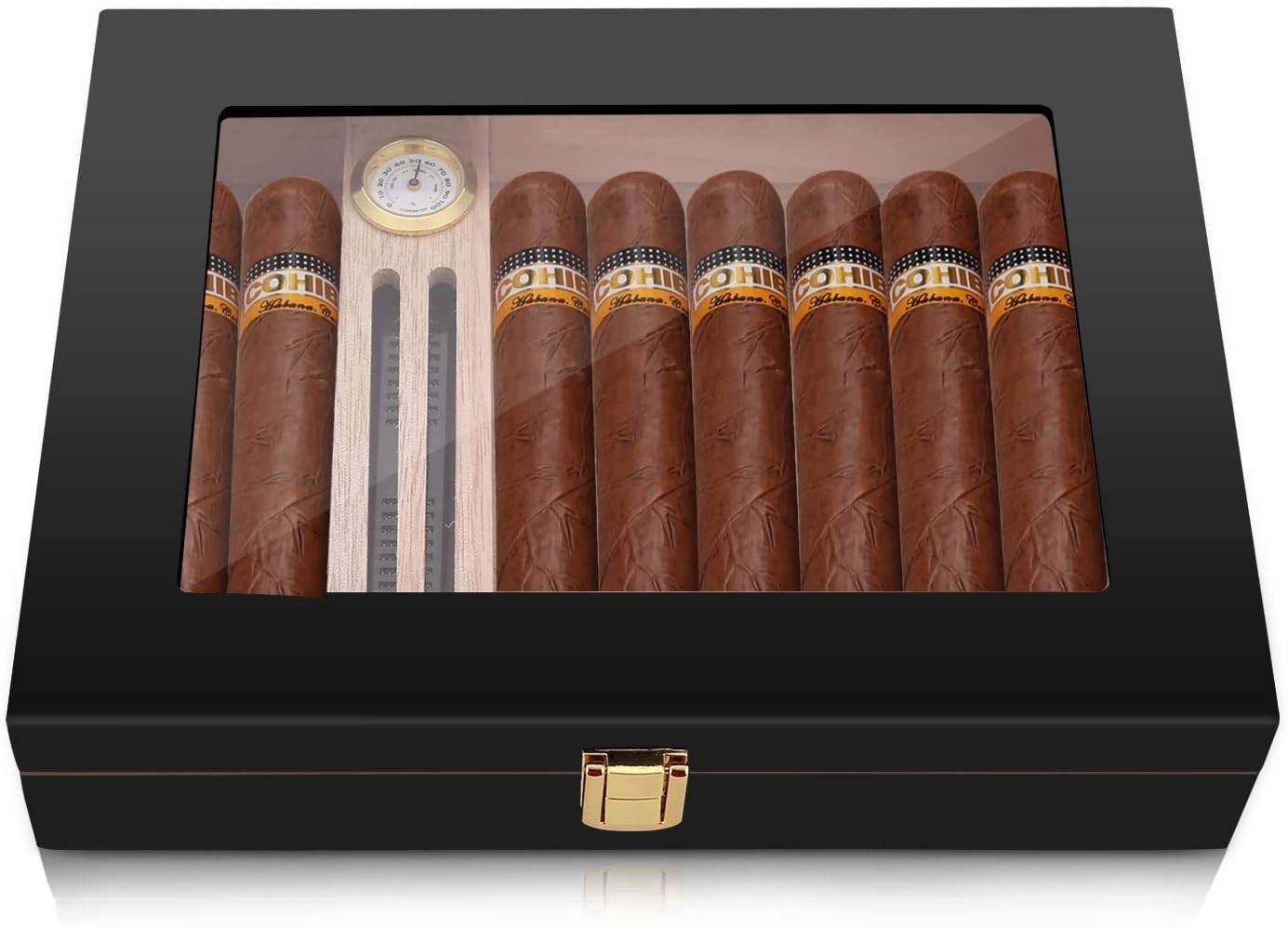 Cigar Humidor in High Gloss Black for 10-15 Cigars, Luxury Hygrometer Included