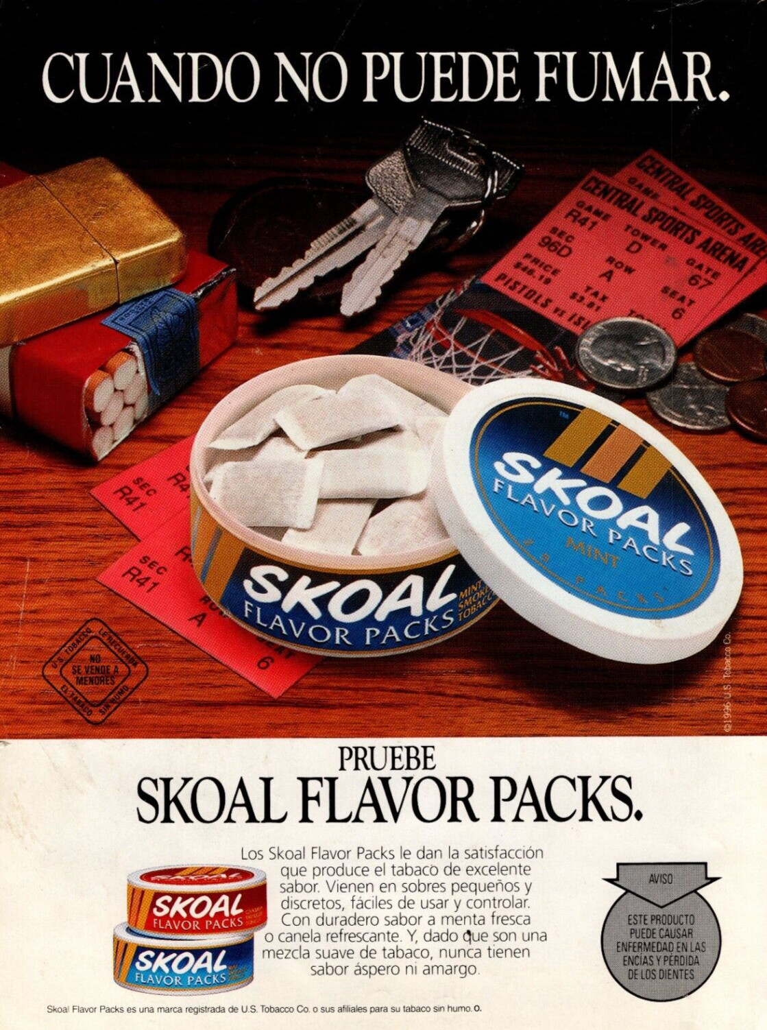Vintage 90’s Skoal Flavor Packs Cuando No Puede Fumar Tobacco Advert Print Ad