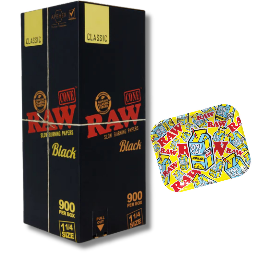 RAW Cones Black 1 1/4 900 Count Box with Raw x Lyrical Lemonade Tray 7 x 5