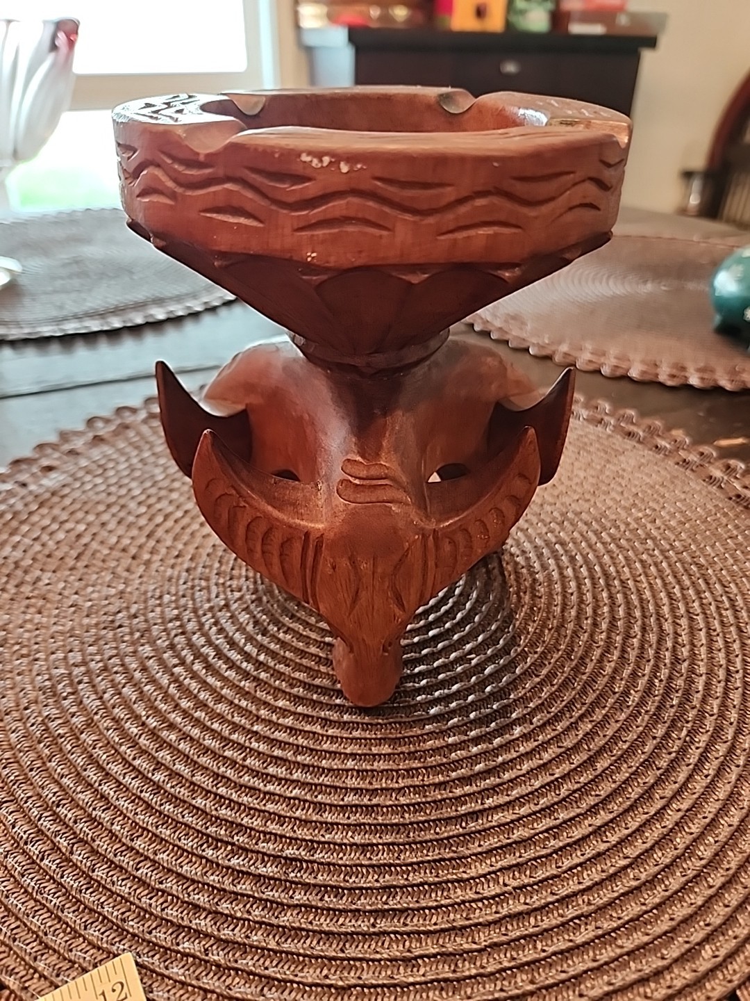 Vintage Hand Carved One Piece 3 Bull Heads Wooden Ashtray 6″ Tall