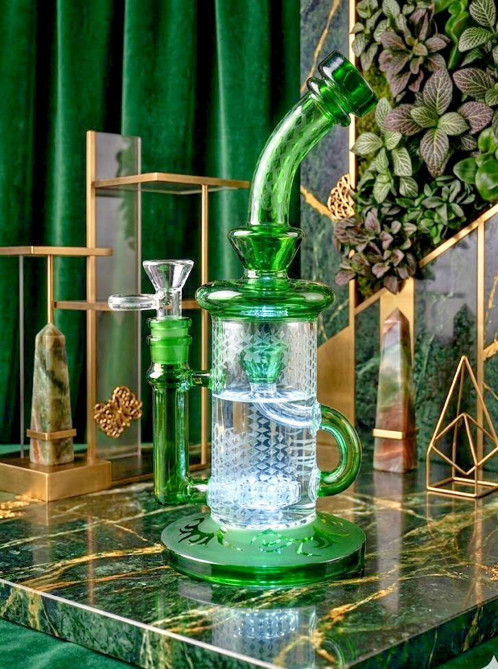 10″ Carved Glass Bong Smoking Water Pipe 14mm Joint with Round Handle Green