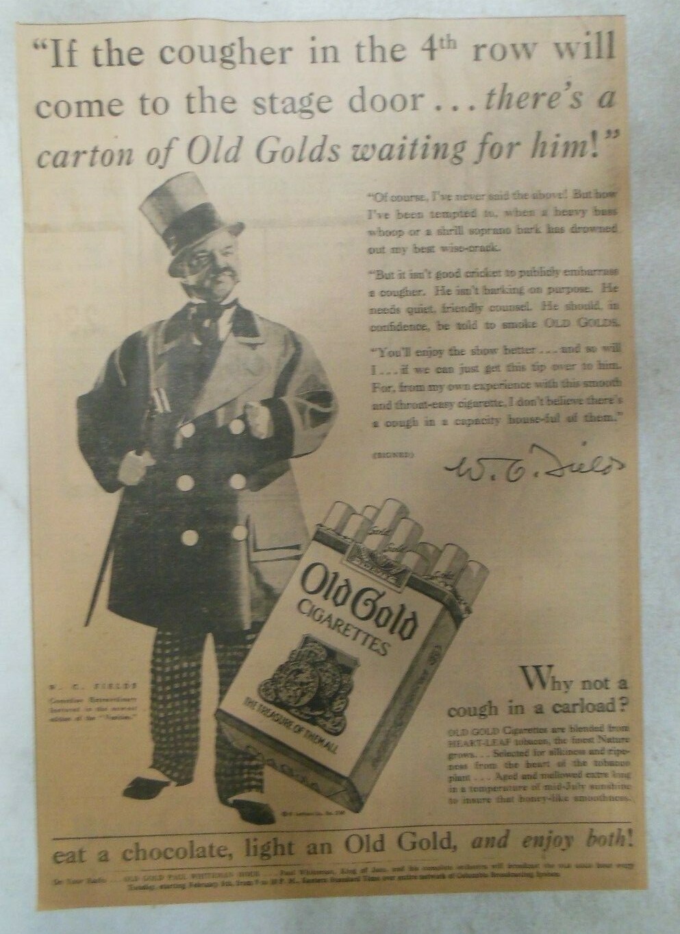 Old Gold Cigarette Ad: WC Fields (Actor/Comedian) from 1928 10 x 15 inches