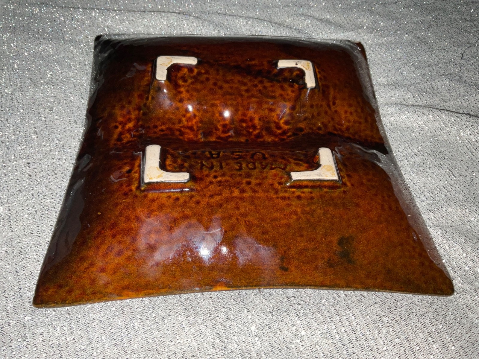 Ashtray Orange Brown MCC Glazed Square 8.5″ Made in USA Vintage Retro (Chipped)