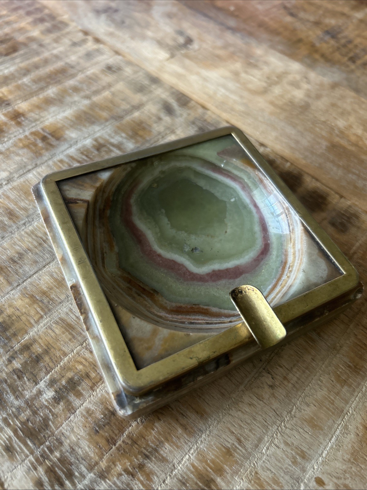 Vintage Green Red Brown Onyx / Marble Ashtray Italy 1970’s Gold Metal Single Zig
