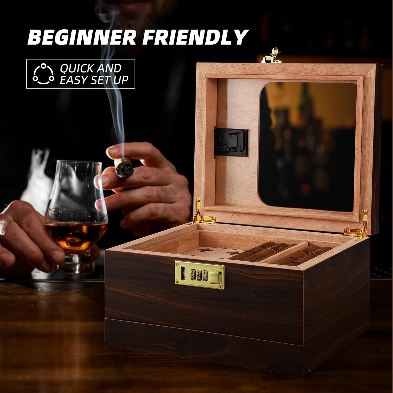Cigar Humidor, Handcrafted Cedar Cigar Box, Glass Top Desktop Humidor with Digit