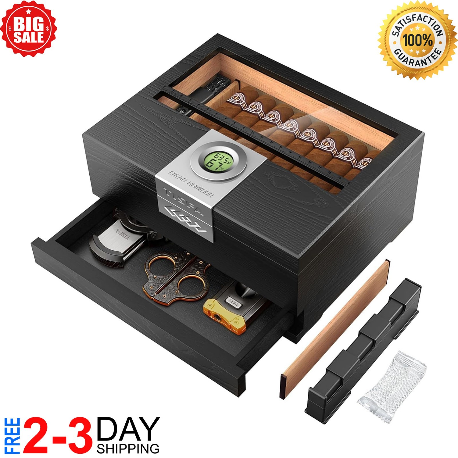 Cigar Humidor, Cedar Wood Desktop Humidor Box with Digital Hygrometer, Adjustabl