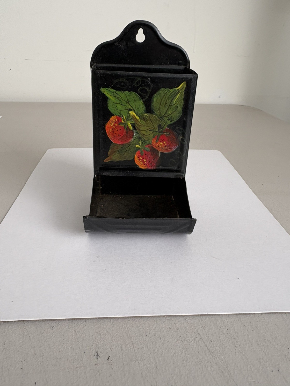 Vintage Tin Strawberry Painted Match Box Holder