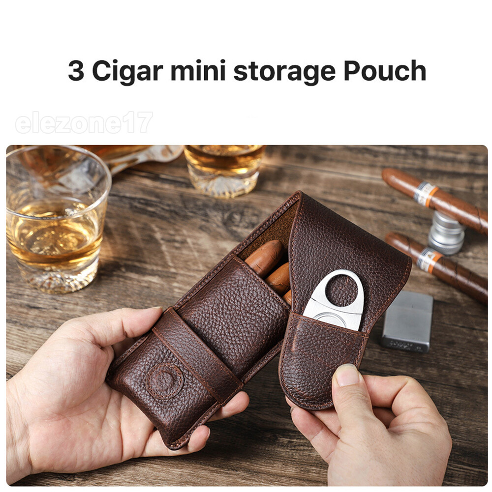 3 Tubes Genuine Leather Cigar Case Travel Humidor Portable Cigars Cutter Holder