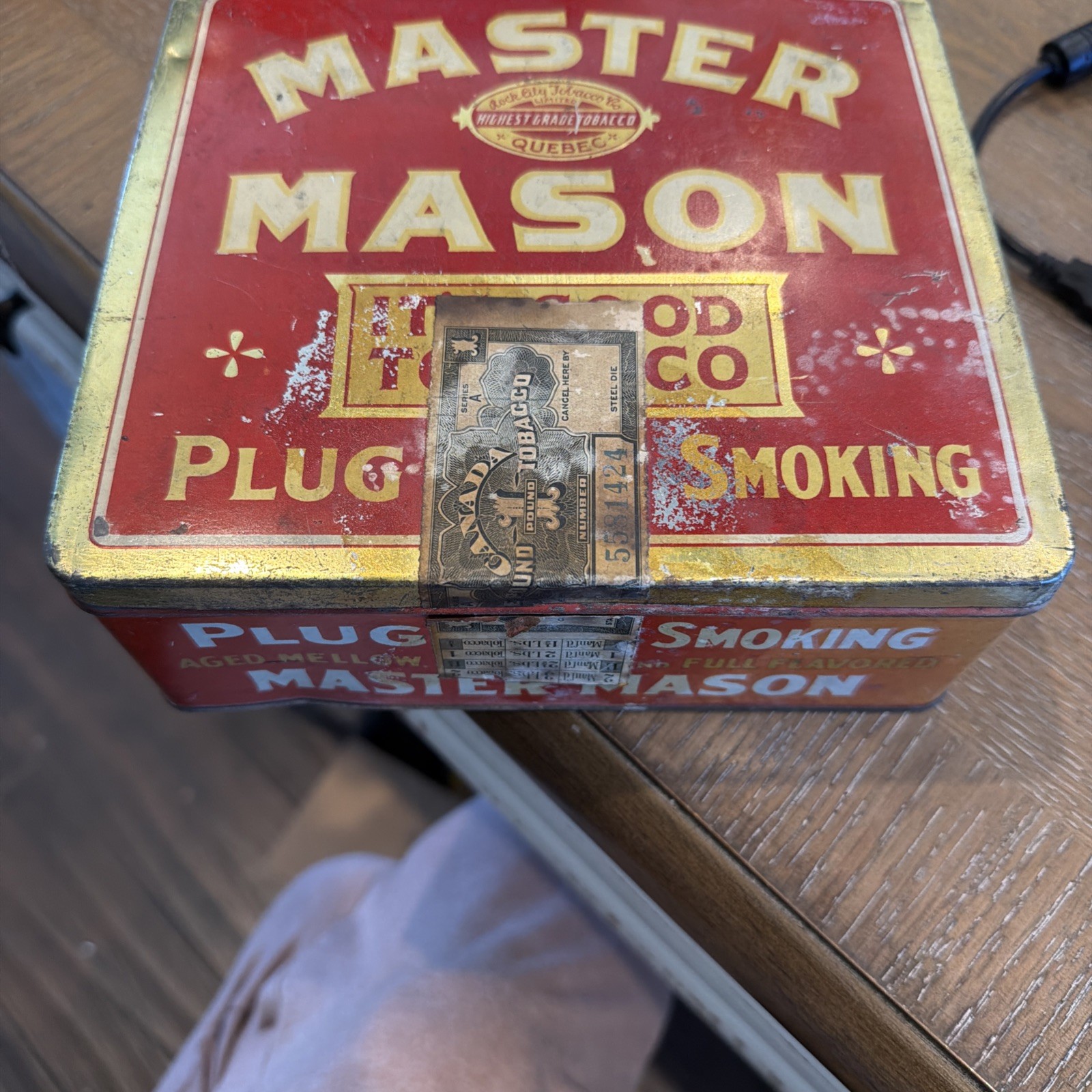 Antique Master Mason plug smoking Tobacco Empty Tin Canada Tax Stamp