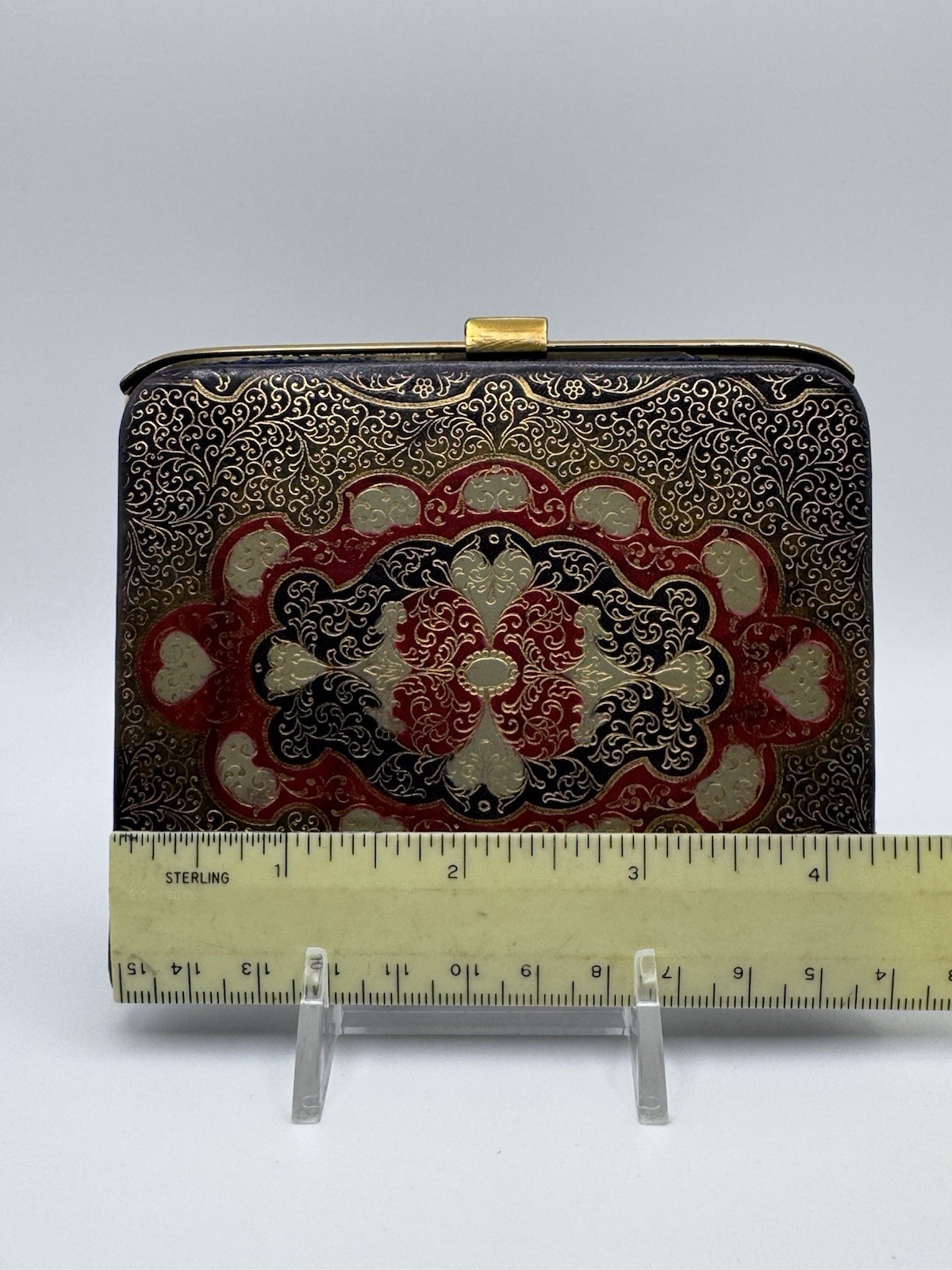 Vintage Leather Cloisonne Cigarette Case Wallet Blue Red Gold Floral Compact