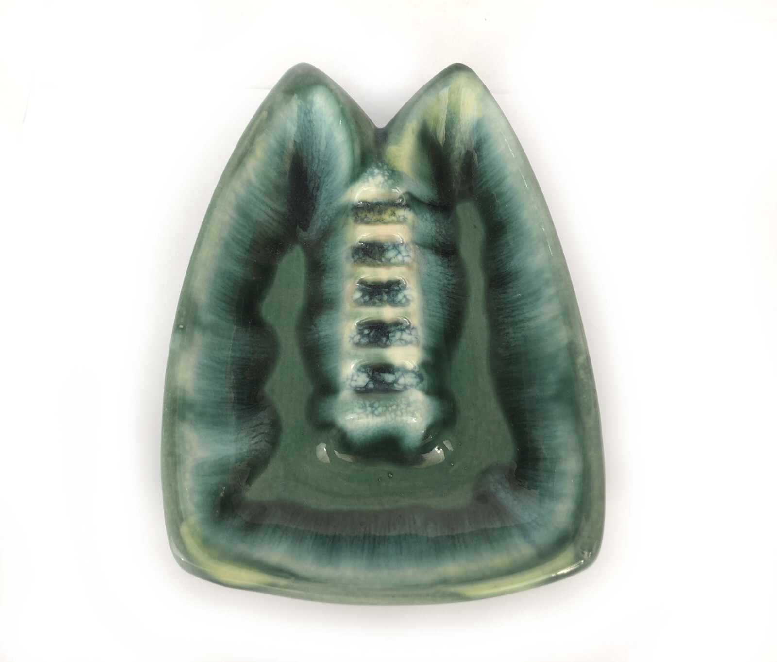 Mid Century Glazed Kitty Cat Free Flowing Drip MCM Teal Green Ashtray VGC