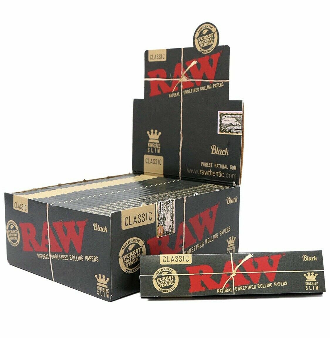 Raw Black Classic King Size Slim Natural Rolling Papers, 50 Packs Box AUTHENTIC