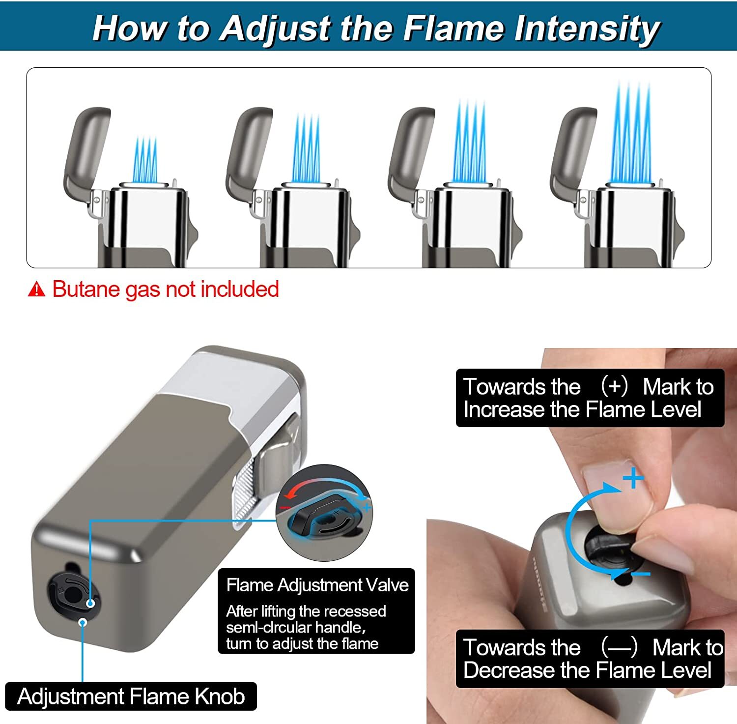 Metal Cigar Lighter 4 Jet Torch Gas Butane Refillable lighter for Cigar(Silver)