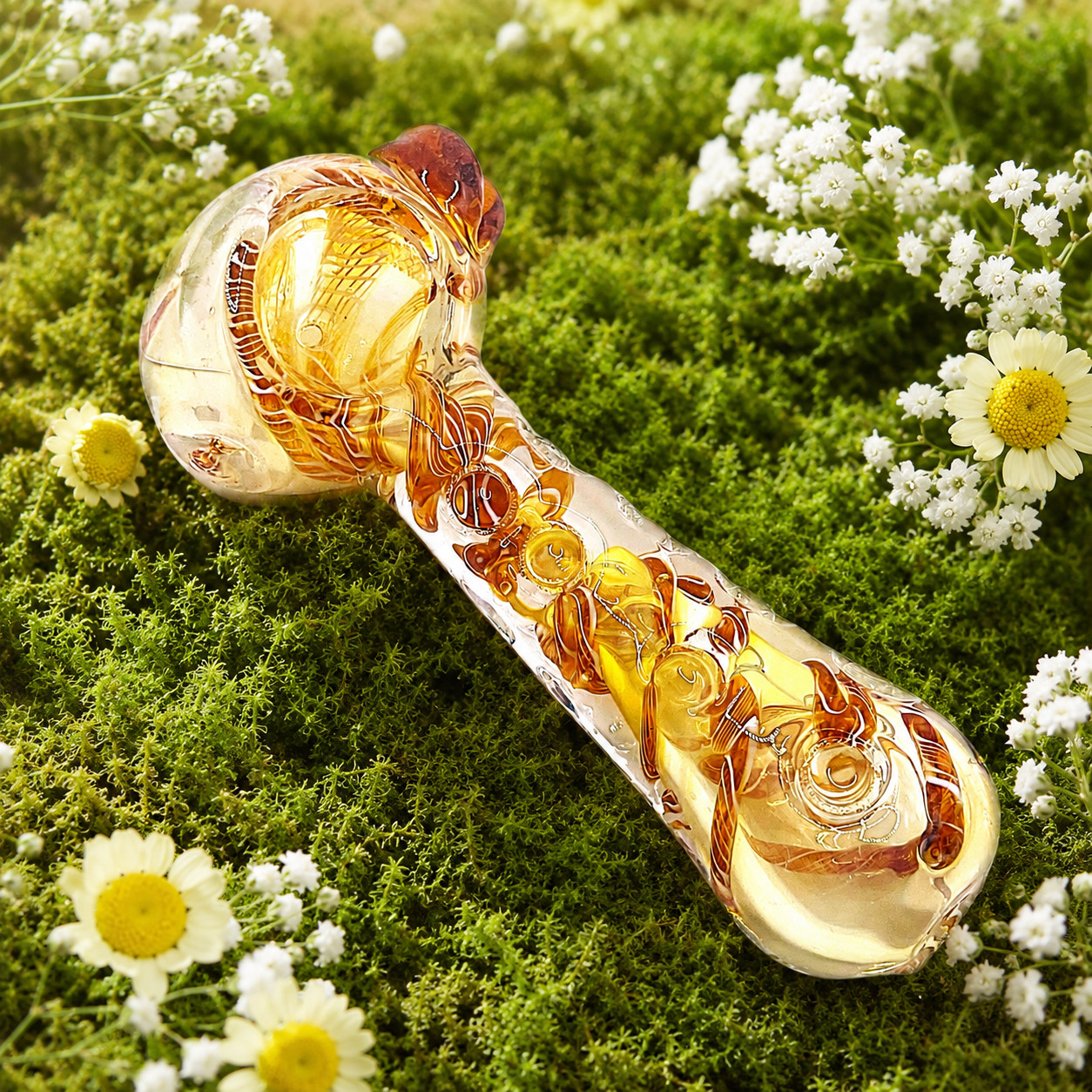 Ghost Caramel Glass Spoon Pipe with Spiral Dot Work – 4 Inch Hand Pipe Deep Bowl