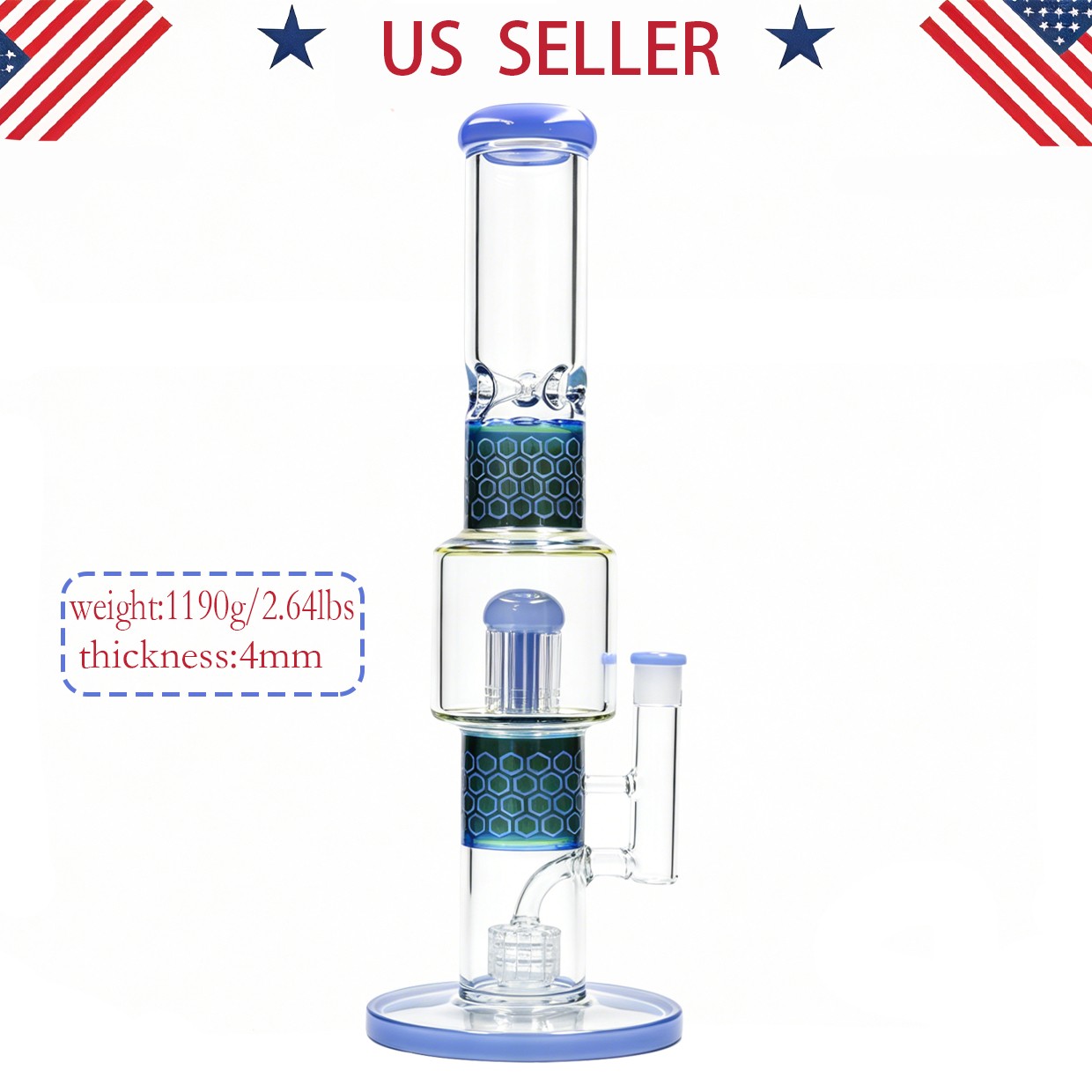 16in Tall Glass Bong Water Pipes Smoking Sandblasted Honey comb Bong – 4mm Thick