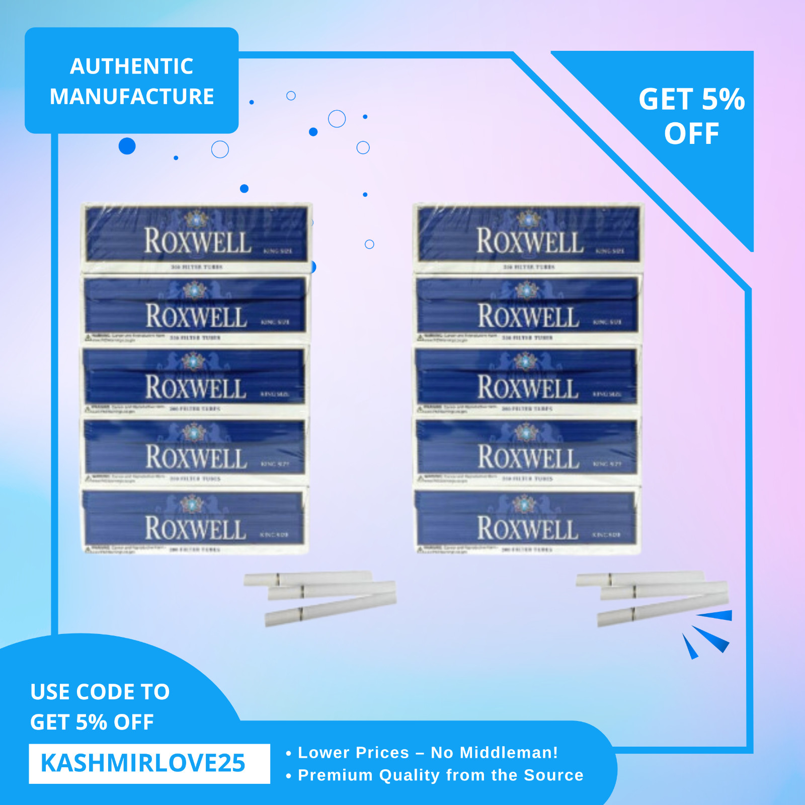 Cigarette Tubes 100mm Size Smooth Blue Pre Rolled 10 Box of 200 Tubes by Roxwell