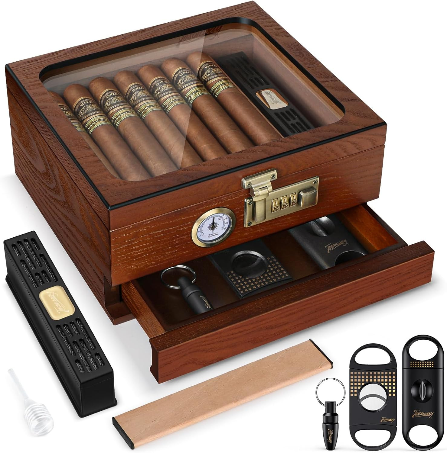 Cigar Humidor, Cedar Wood Humidor Cigar Box, Glass Top Desktop Humidor with Fron