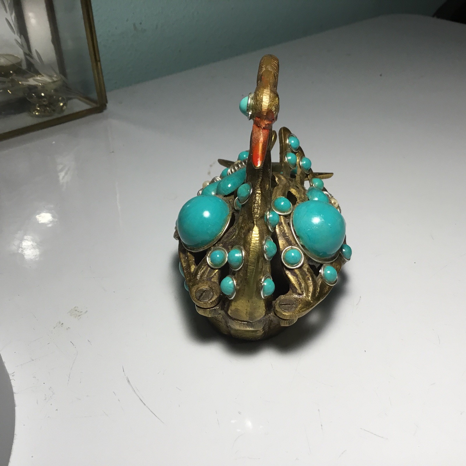 Colorful Pretty Brass Swan Ashtray w/ Turquoise Colored Stones with Swivel Wings