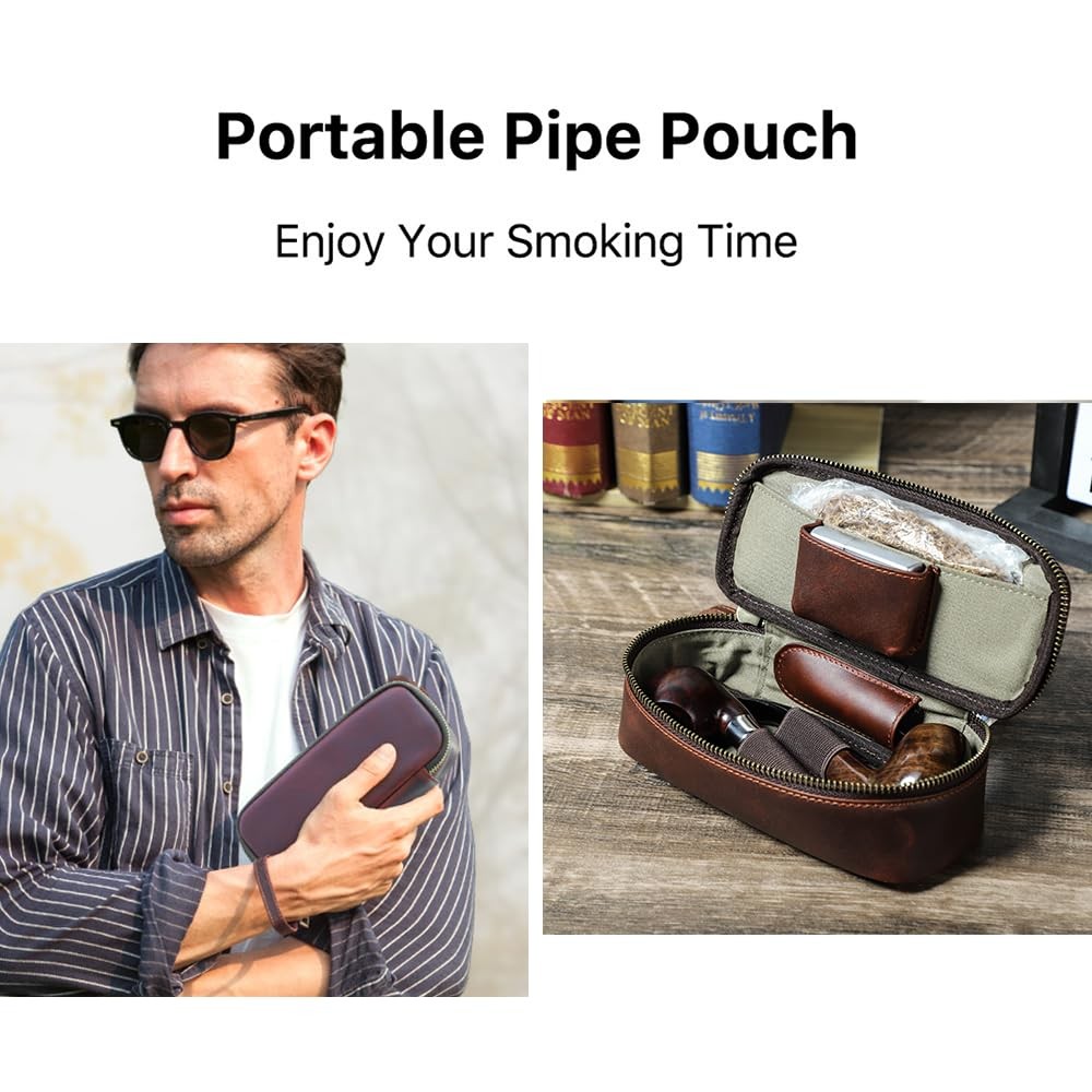 CONTACTS Full Grain Leather Small Pipe for 2 Pipes, Red Brown-for 2 Pipes