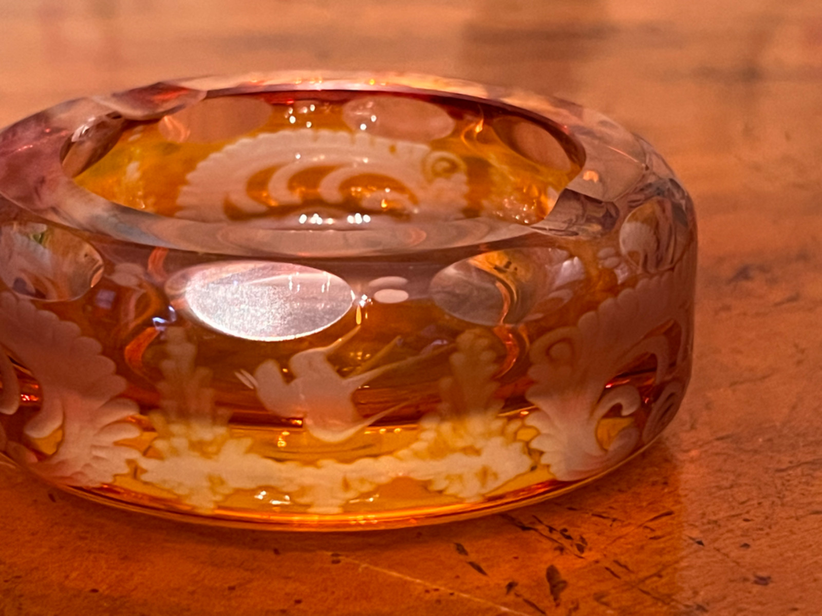 Vintage Egermann Bohemian Amber Glass Cut To Clear Ashtray