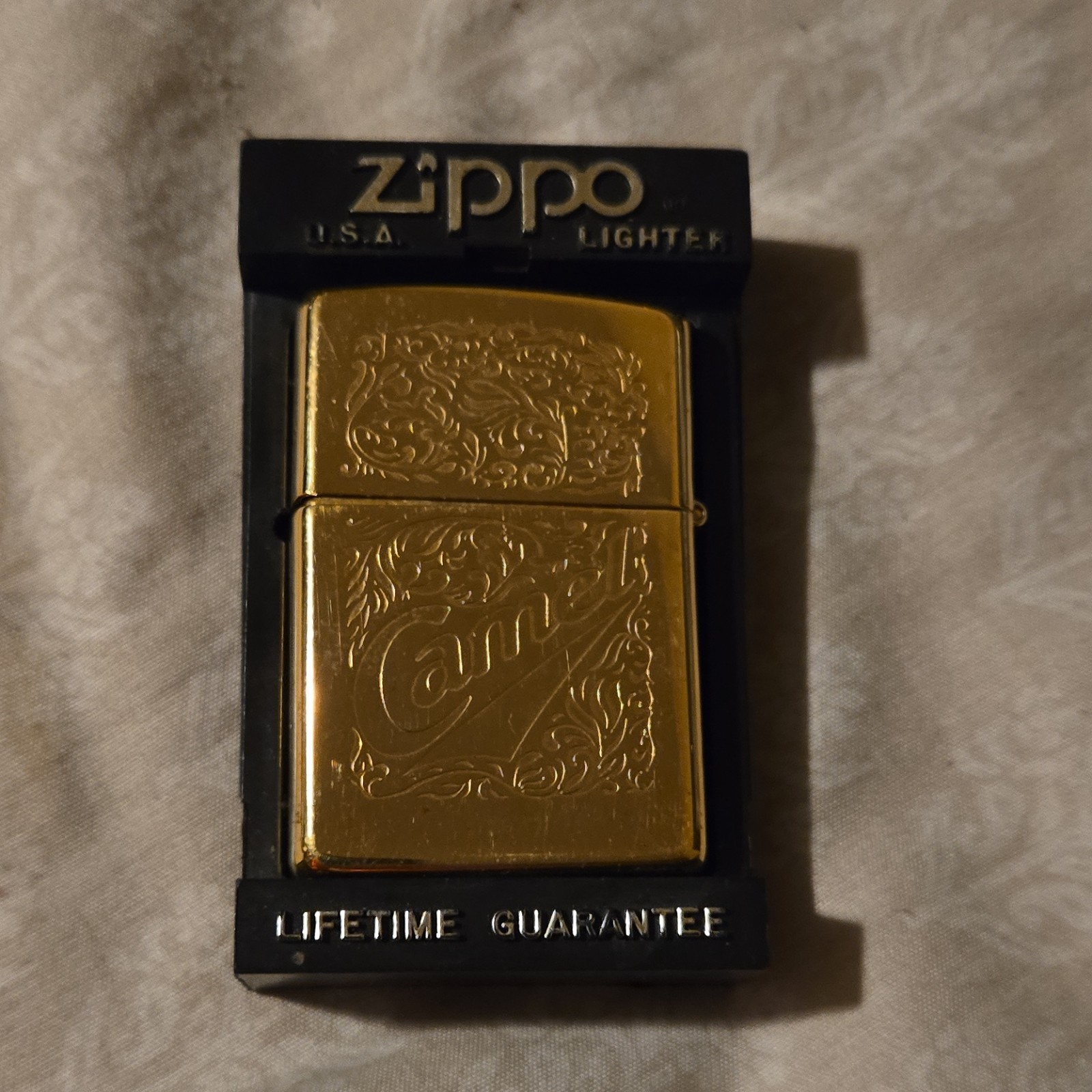 Camel Gold Zippo Lighter Engraved Ornate Design Collectible Original Packaging