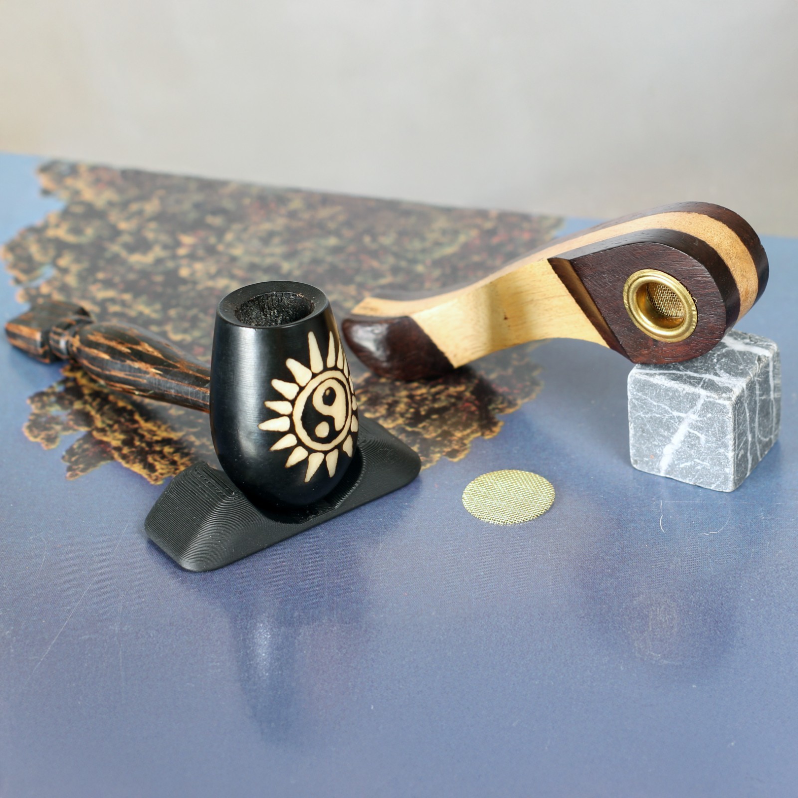 Ying Yang Burst pipe & Mini Fish Pipe Hand Carved Smoking Pipe Tagua Wood TPFsh