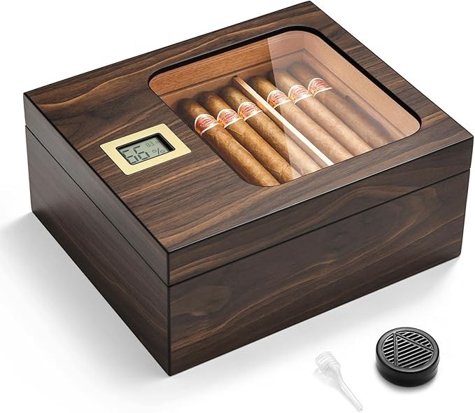 Modern Cigar Humidor Box Glass Top Digital Hygrometer Cedar Holds 25-50 Cigars