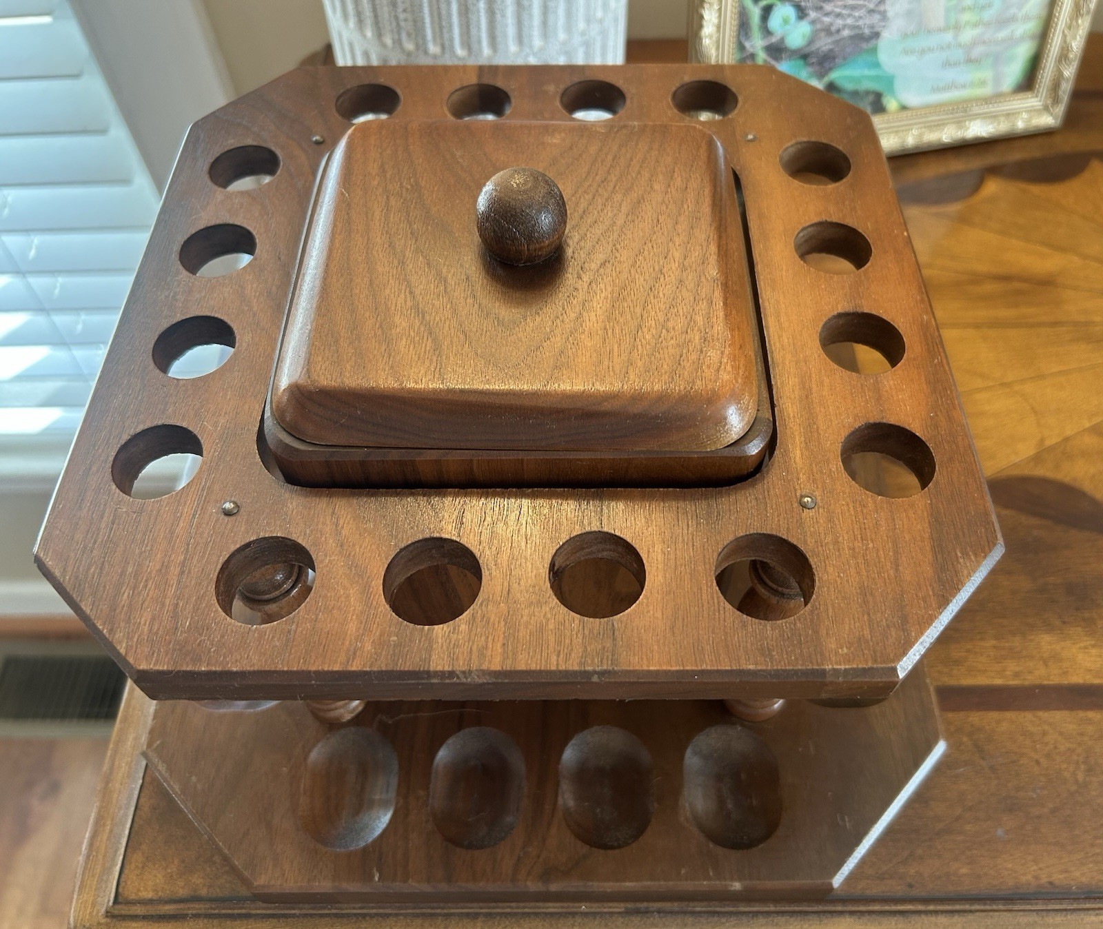 Wooden Pipe Stand W/ Original Tobacco Storage Box Holds 16 Pipes VTG