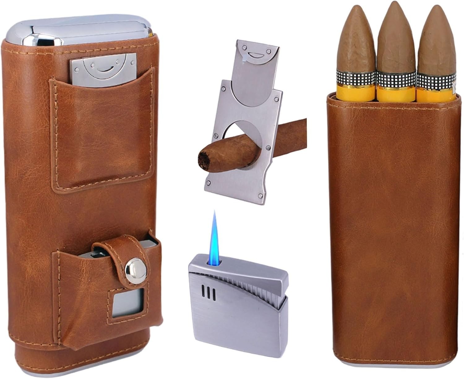 Deluxe Portable 3 Holder Cigar Case Set With Lighter and Cutter Great Gift Kit