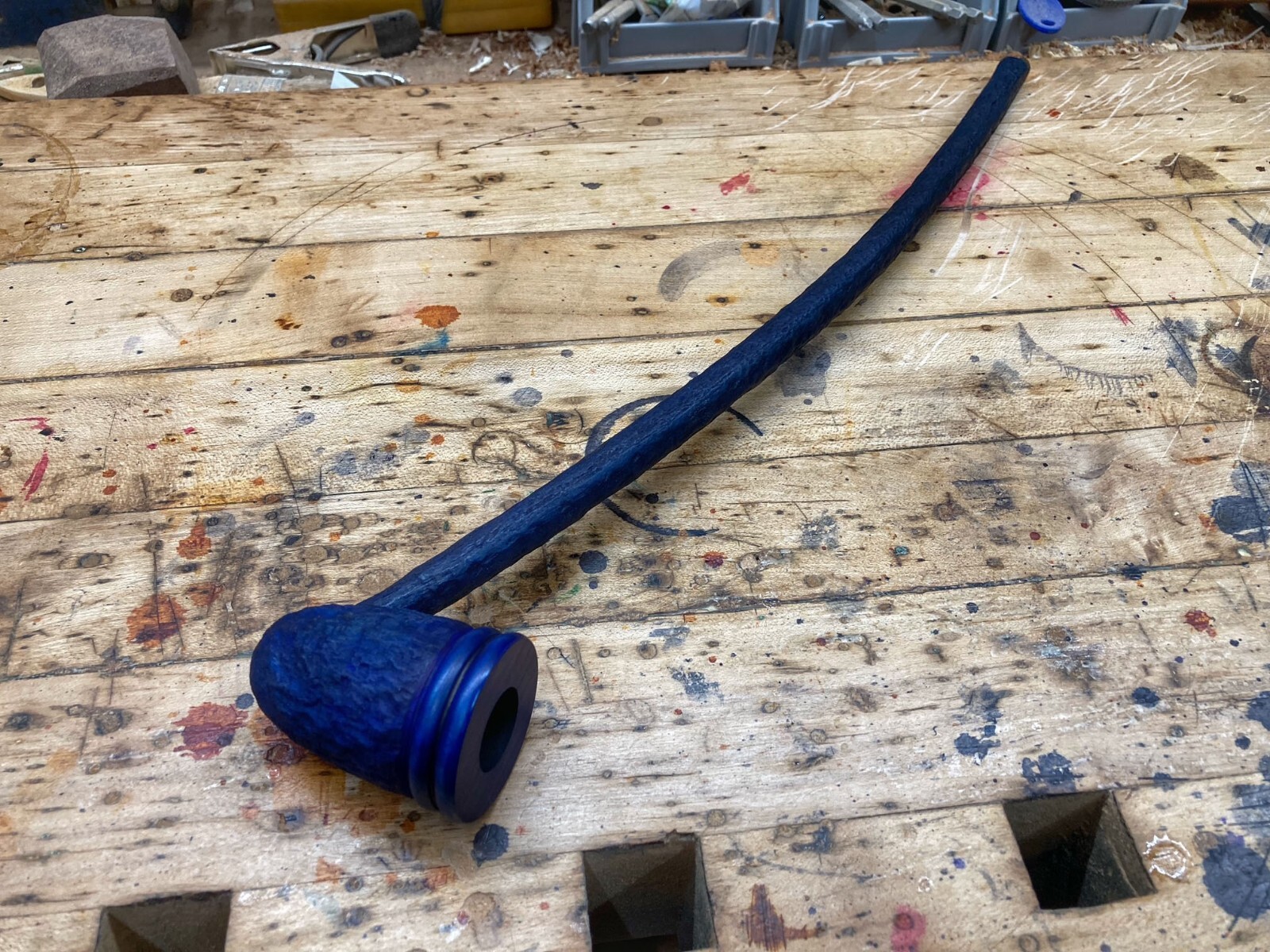 Wizard Smoking Pipe Long Stem Tobacco Pipe Rustic Black and Blue with Rings