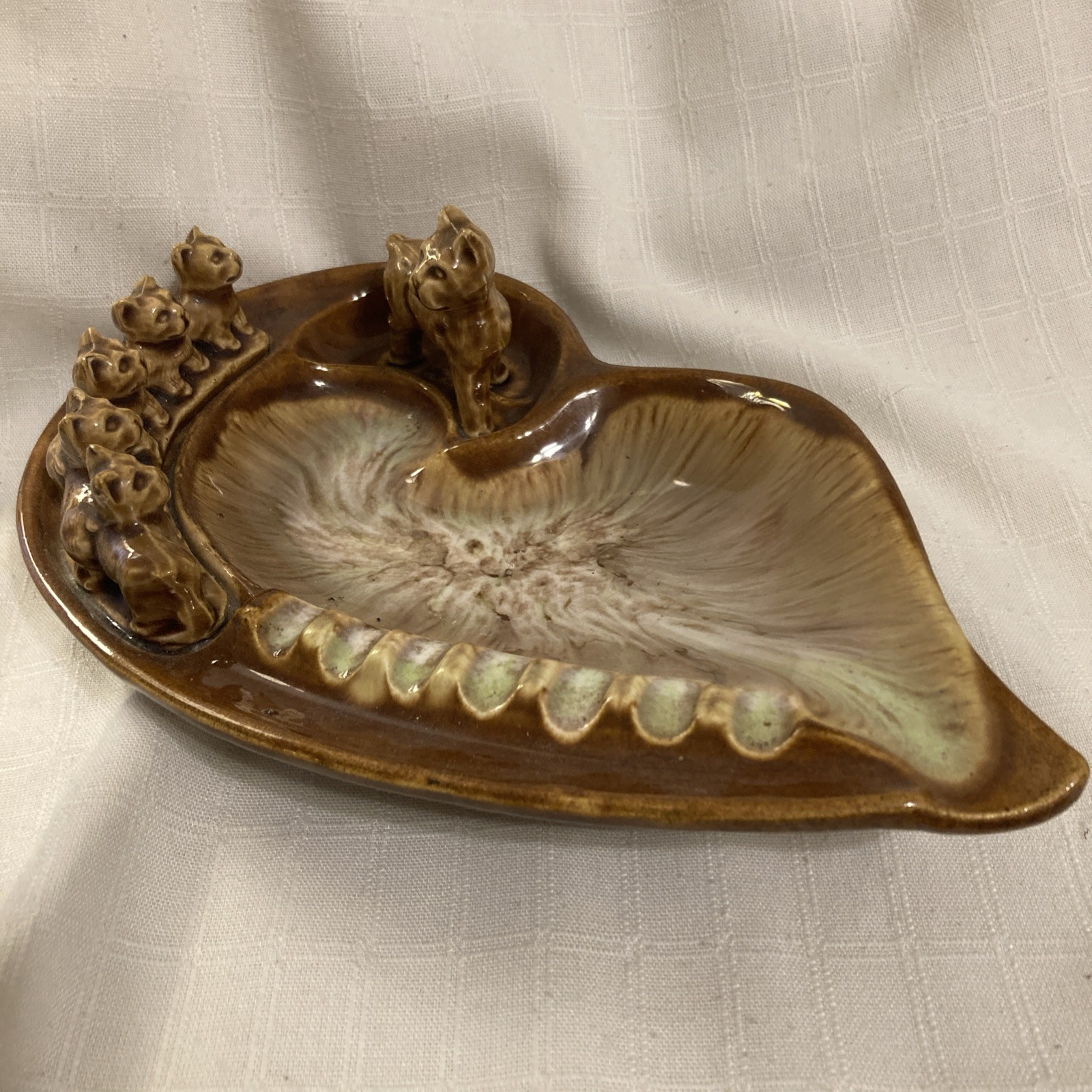 Vintage MCM Mother Dog And Puppies On Ashtray Lovely Glaze California USA