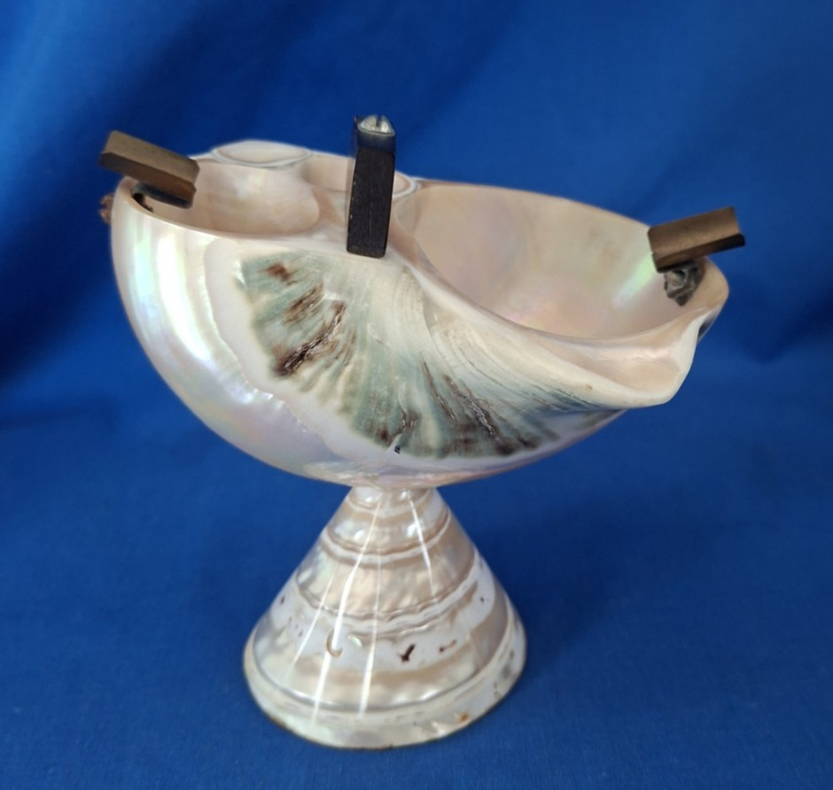 Vintage Carved Mother Of Pearl Nautilus Shell Ashtray Match Holder c1930’s