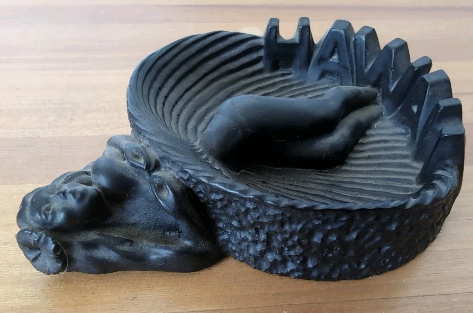 Hawaiian Hula Girl Ashtray Made with Hawaii lava 1974 (read sticker on back)