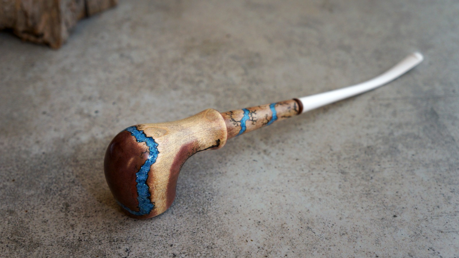 Wooden Tobacco pipe Handmade – Long Smoking Pipe Turquoise Inlay – White Steam