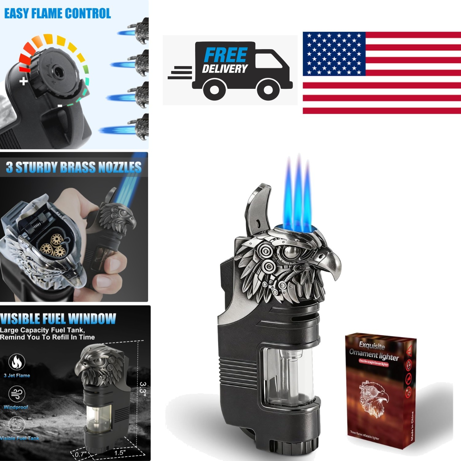 Mini Pocket Torch Lighter with Adjustable Flame and Eagle Head Decoration Black