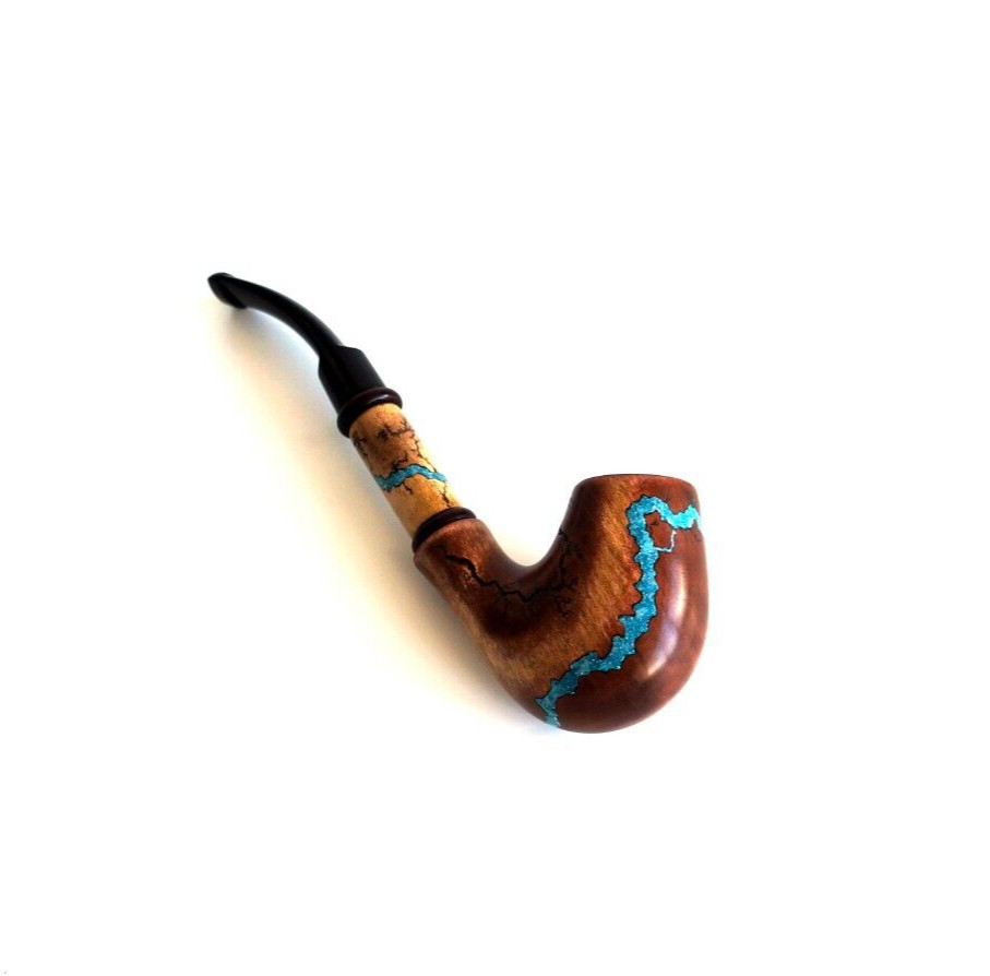 Handcrafted wooden tobacco pipe with Turquoise inlay, 7″ Wooden smoking pipe