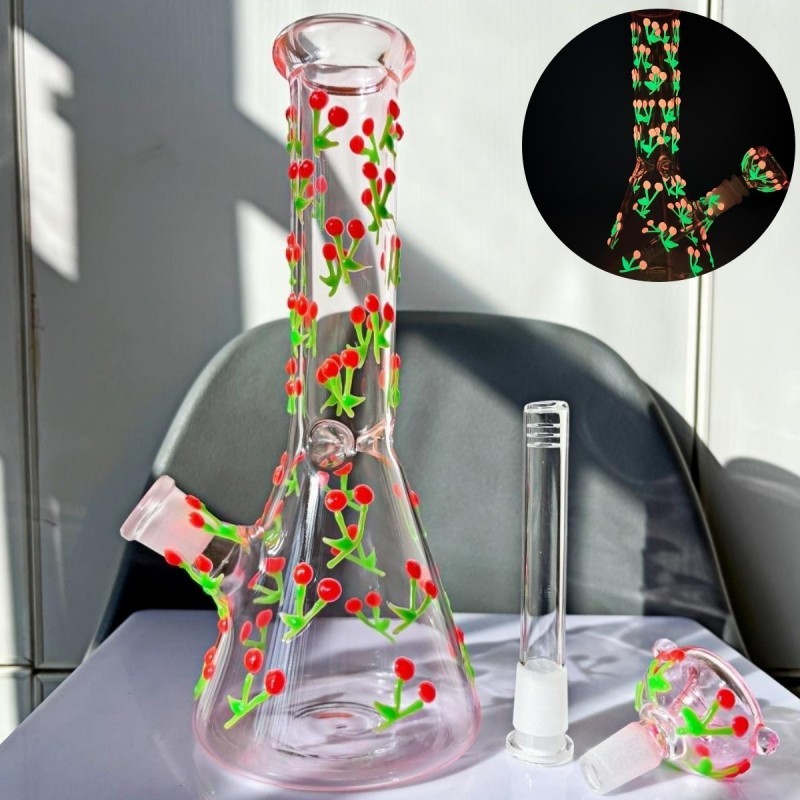 10″ Glow in the Dark Cherry Glass Bong Pink Beaker Water Pipe w/Bowl USA Stock