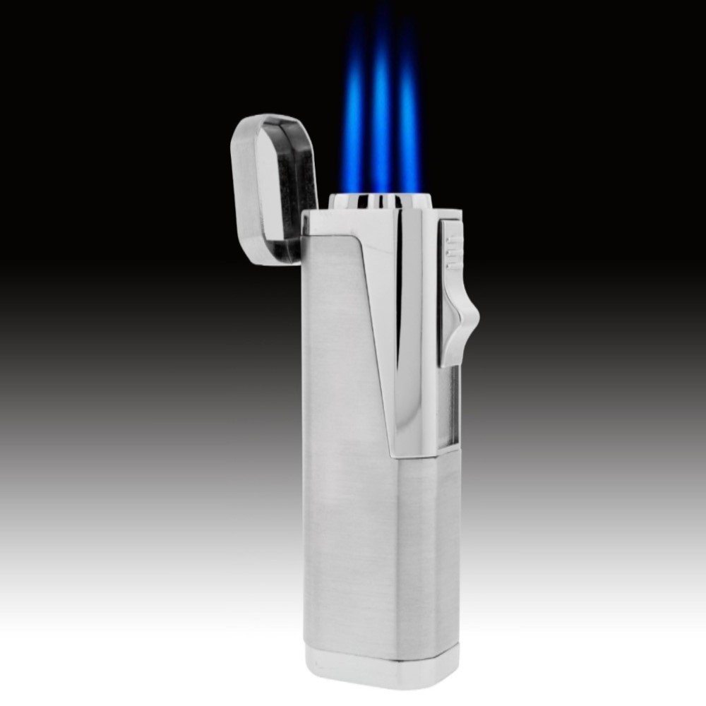 Triple Jet Torch Lighter w/ Cigar Cutter Refillable Butane Windproof Metal
