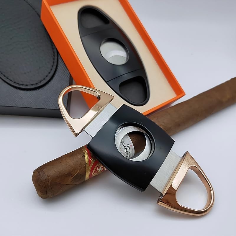 Guillotine Double Blade Cigar Cutter,Cigar Accessories with Gift Box（Black+Gold）