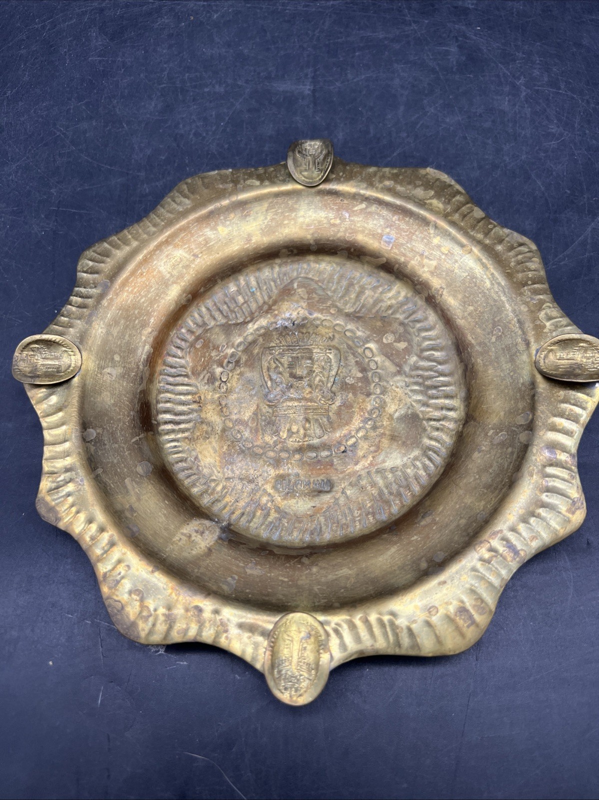 Vintage Colombian Tribal Brass Ashtray Thin Metal Intricate Detail