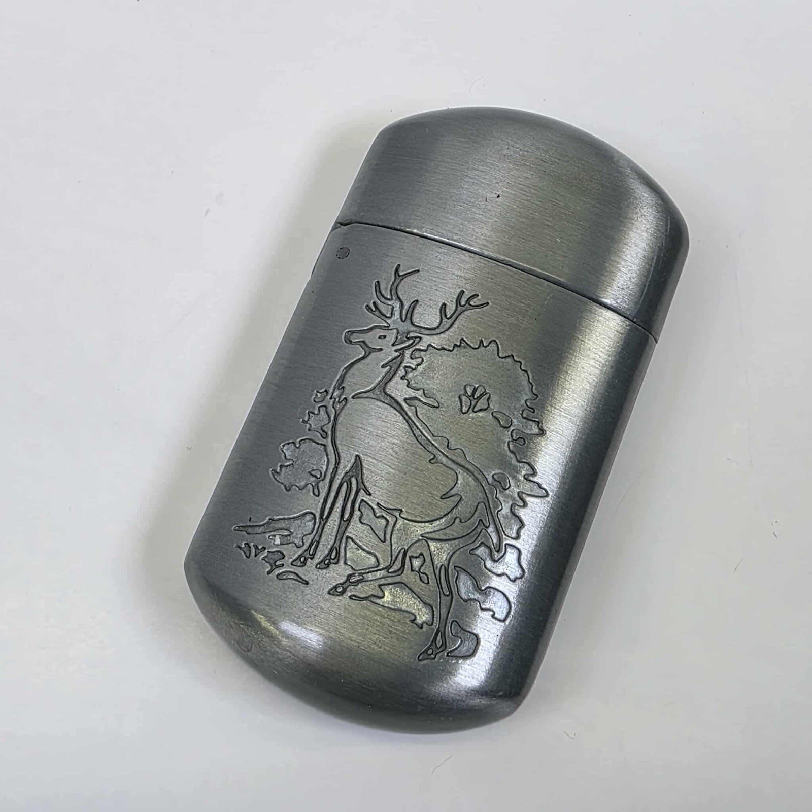 Vtg Portable Litter Device Metal Pocket Ashtray Deer Woods Etched Design Art