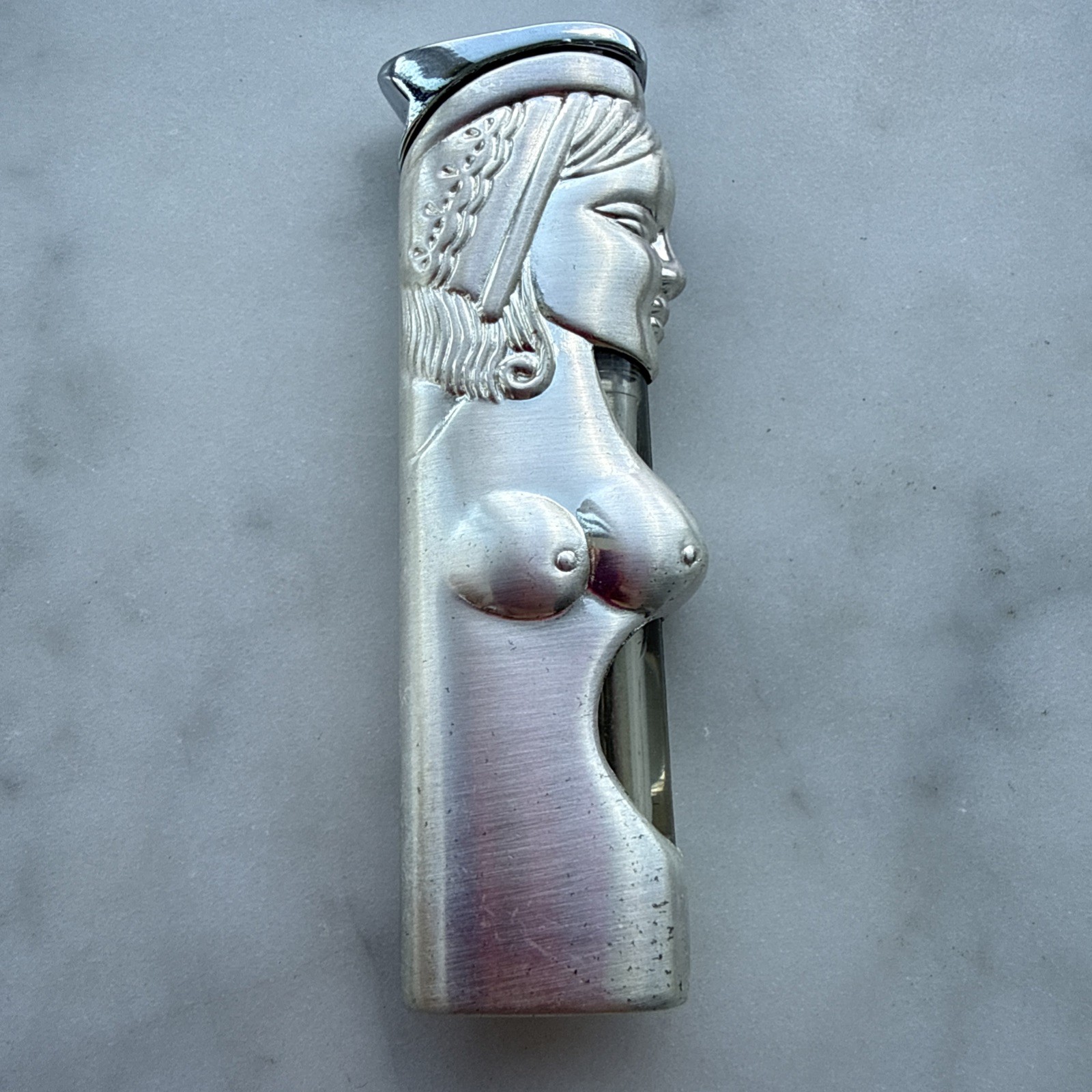Vintage Collectible Silver Tone Topless Lady Art Deco Style Lighter