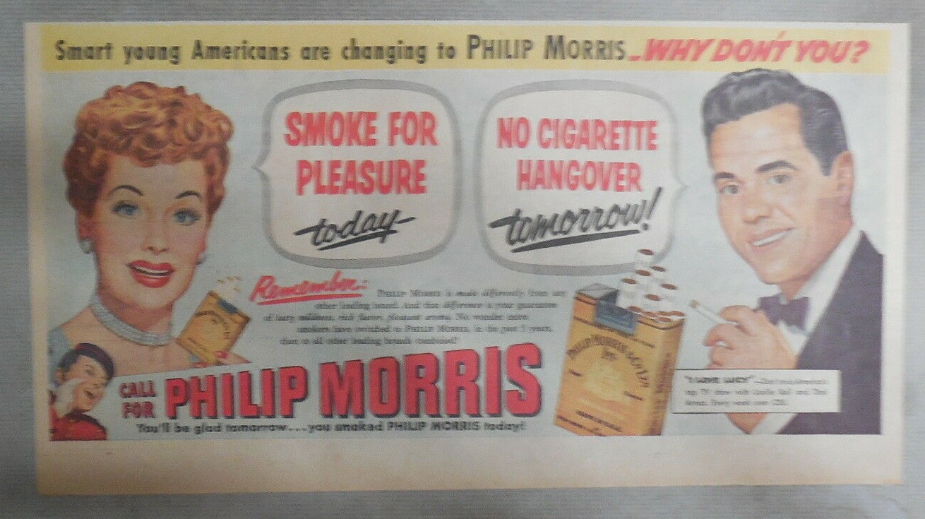 Phillip Morris Cigarette Ad: I Love Lucy, Lucille Ball 1950’s 7.5 x 15 inches