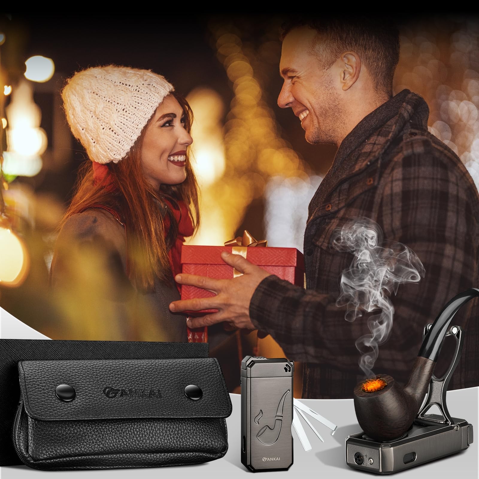 Pipe Set, Lighter, Pouch, Wood with 2 Filter Balls,2 Black